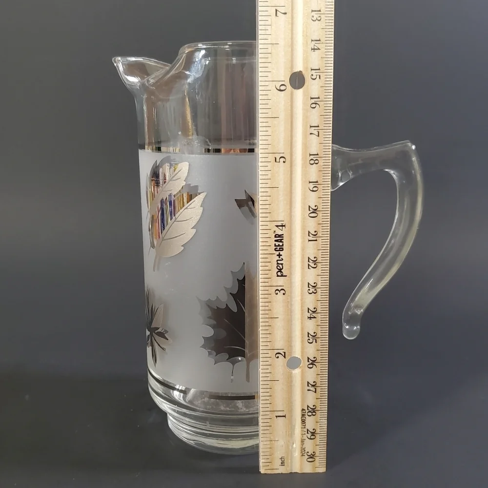 Libbey Vintage Silver Leaf Frosted Glass Pitcher & Pillar Glasses Cocktail Set